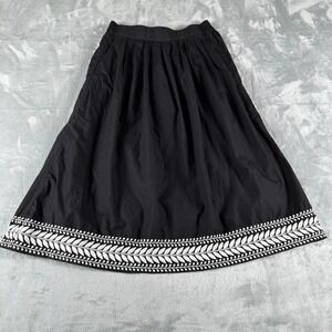 J Crew Midi Skirt Women XS Black Embroidered Hem Preppy Boho Cottagecore Coastal